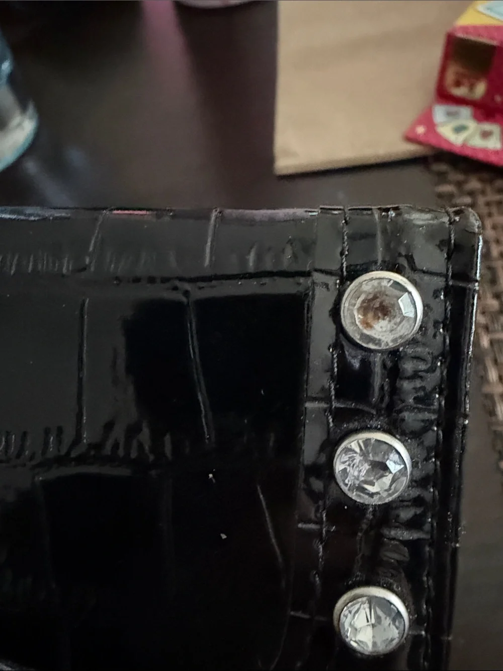 Black Faux Croc-Embossed Wallet Clutch with Crystal Heart Accent